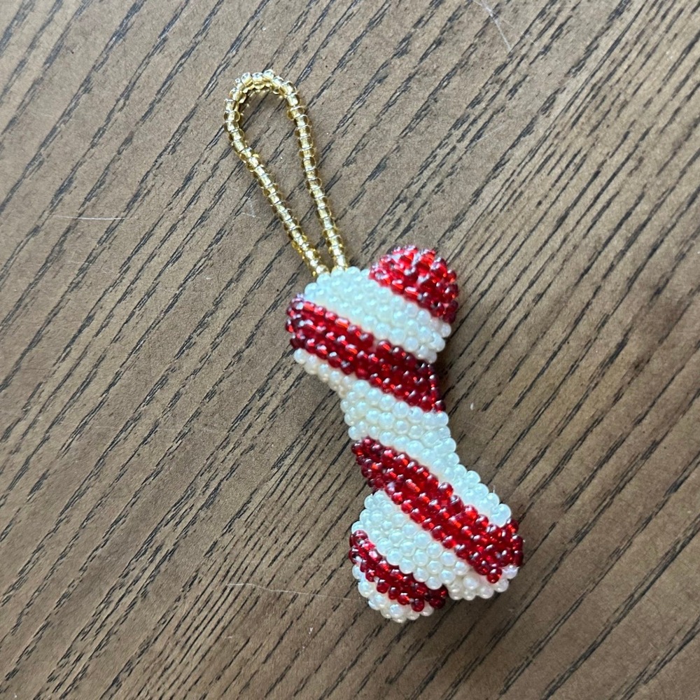 Handmade Beaded Dog Bone Christmas Ornament Candy Cane Red White Holiday Decor